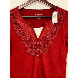 Van Heusen Womens Red Crochet-Trimmed 3/4 Sleeve Cotton Top Size M Comfy Casual